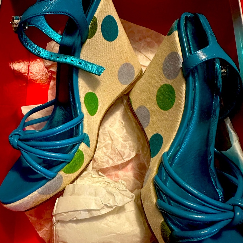Coach Blue and Green Wedge Sandals